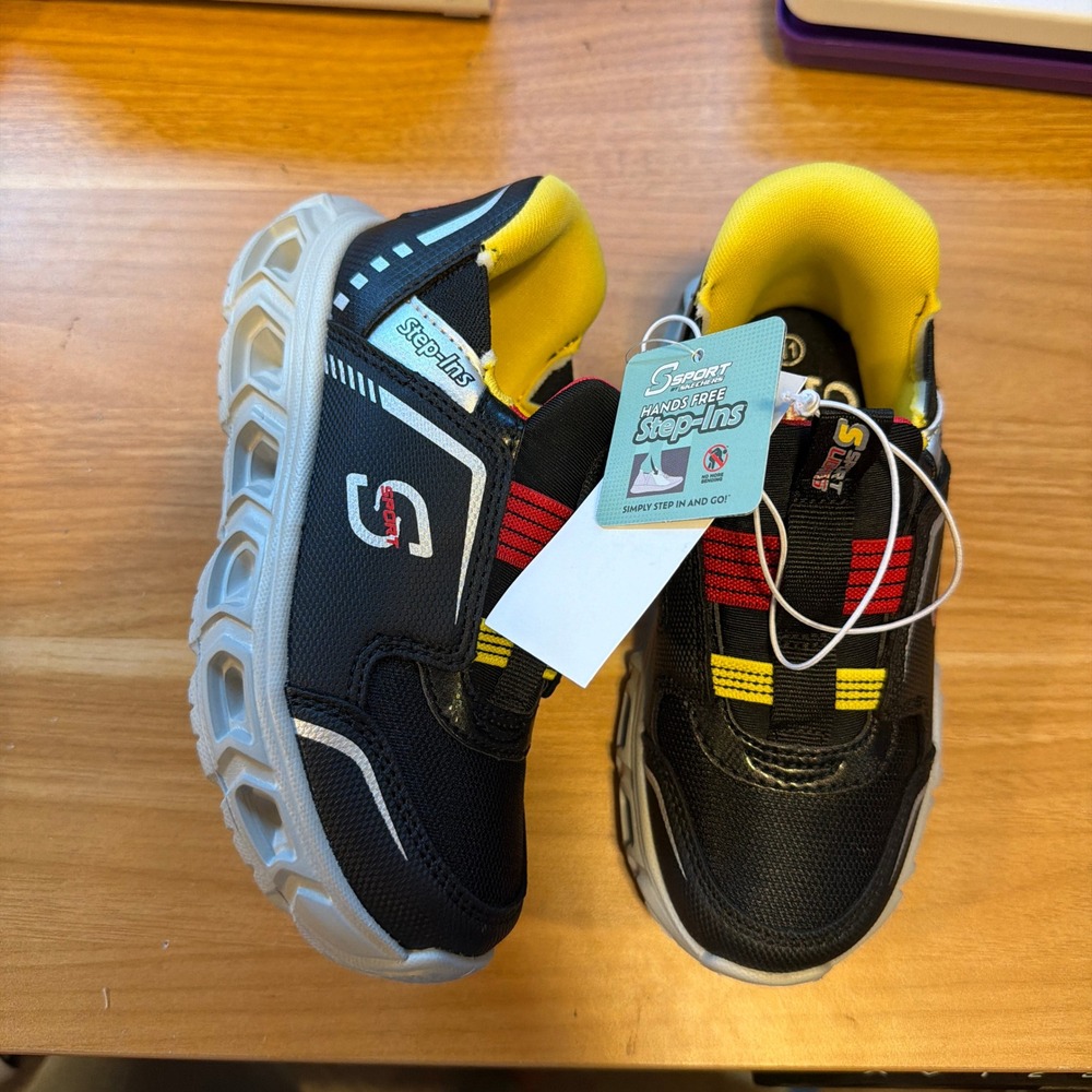 Skechers Kids Hands Free Step-Ins Light Sneakers Black Red Yellow 11 NEW